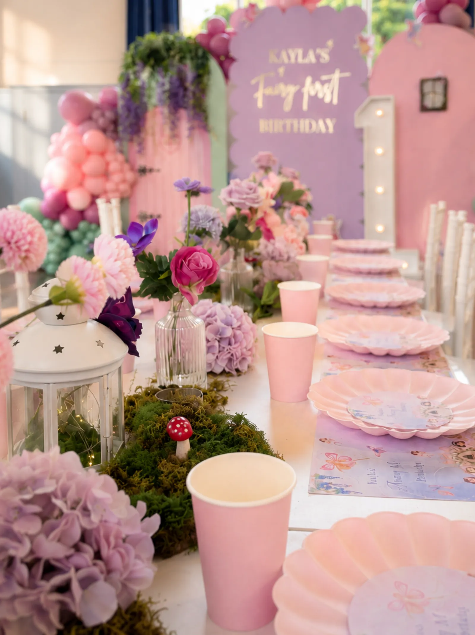 Fairy first birthday floral table detail for Kayla in Surrey by River Fox Events - soft pinks, blush and trailing greenery
